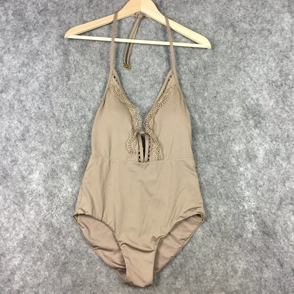 Laundry Shelli Segal Swimsuit S One Piece Lace Ruffle Trim Halter Tie Back Taupe